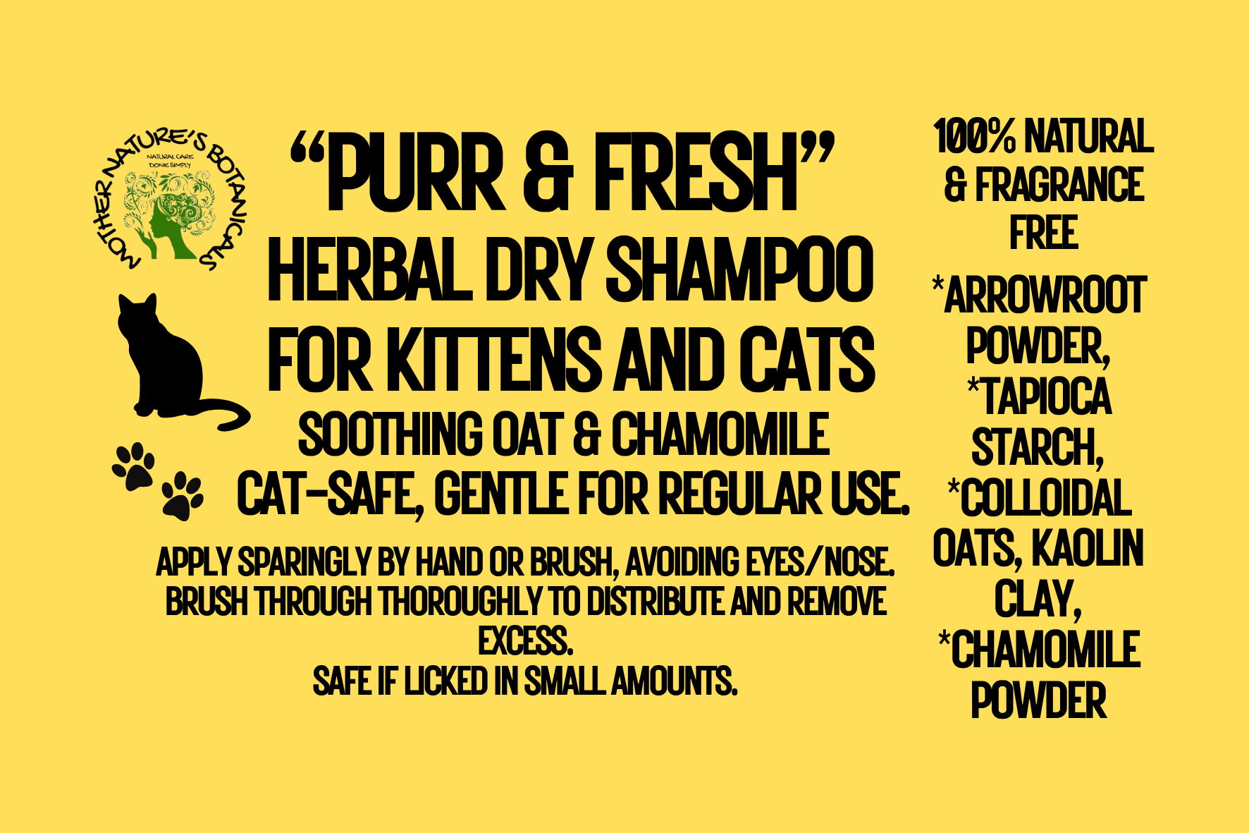 "PAWS-itively Natural Pets" "Purr and Fresh" Dry Shampoo for Cats & Kittens with Colloidal Oats