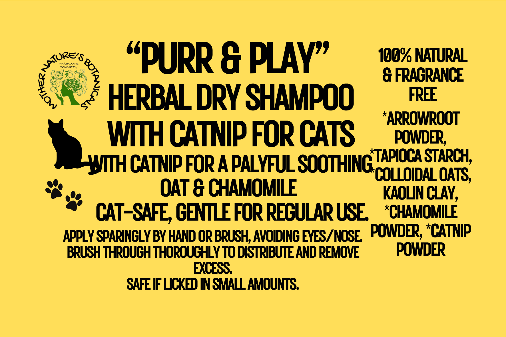 "PAWS-itively Natural Pets" "Purr and Play" Dry Shampoo for Cats with Catnip