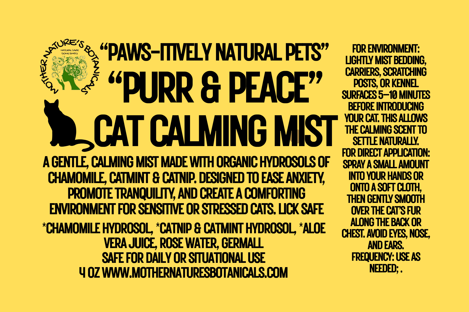"PAWS-itively Natural Pets" "Purr & Peace" Anxiety Calming Cat Mist with Catmint Hydrosol