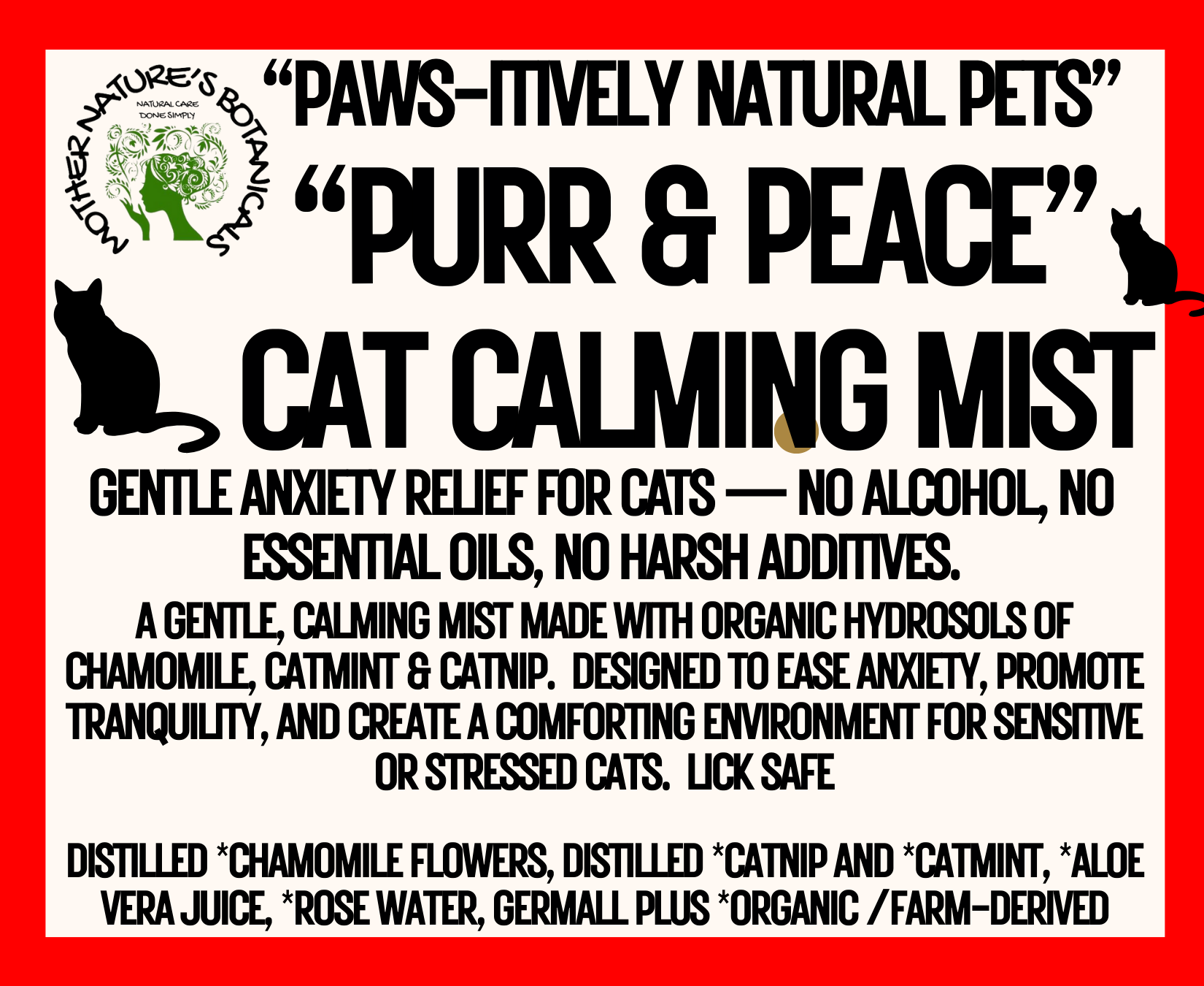 "PAWS-itively Natural Pets" "Purr & Peace" Anxiety Calming Cat Mist with Catmint Hydrosol